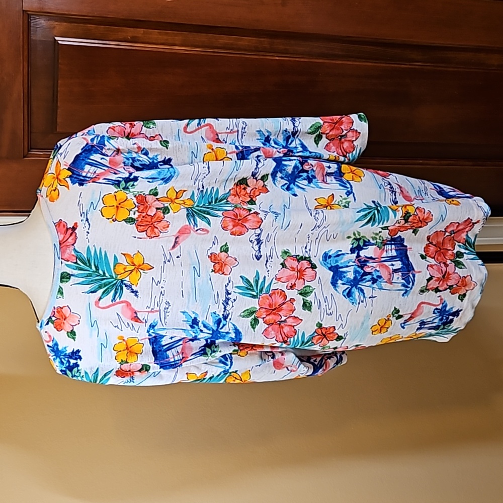 CATHY DANIELS TOP SHIRT 1X FLAMINGO FLORAL FLOWERS V-NECK PINK YELLOW BL… - Picture 7 of 9